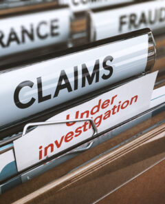 Folder with close up on the word claims and a note where it is written under investigation. Concept of insurance fraud, 3d Illustration