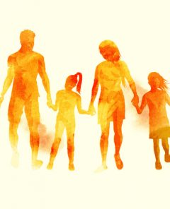 A young happy family walking together. Watercolour vector illustration.