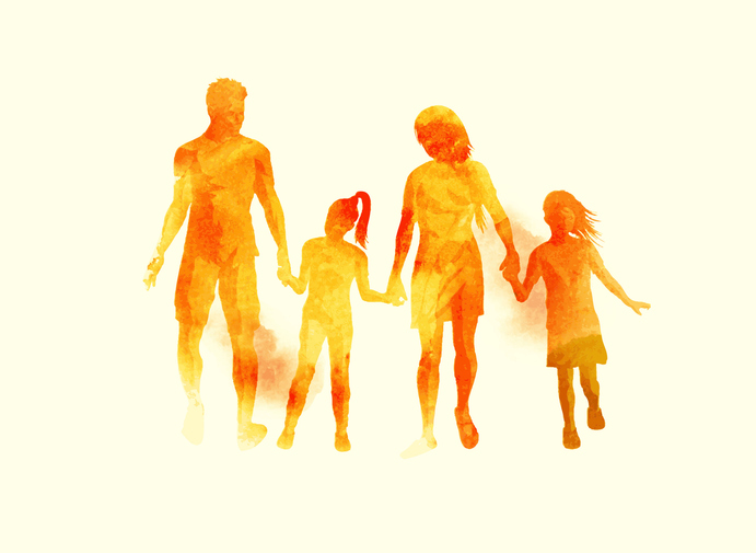 A young happy family walking together. Watercolour vector illustration.
