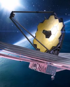 JWST in space near Earth. James Webb telescope far galaxies and planets explore. Sci-fi space collage. Astronomy science. Elements of this image furnished by NASA (url: https://www.nasa.gov/sites/default/files/styles/full_width_feature/public/thumbnails/image/iss066e123388.jpg https://www.nasa.gov/sites/default/files/styles/full_width_feature/public/thumbnails/image/755409main_webb.jpg)